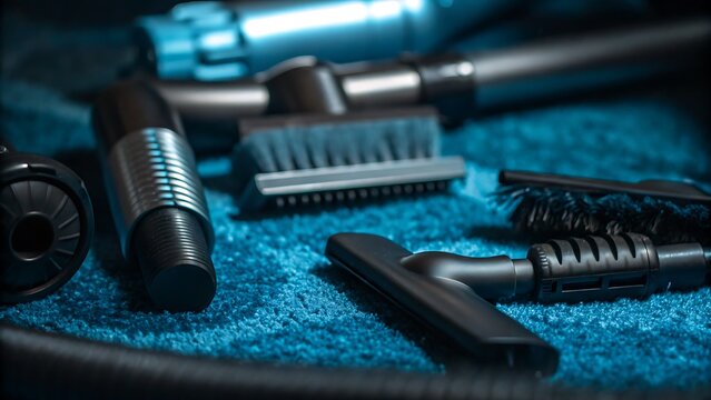 A close up shot of vacuum cleaner attachments lying on a blue carpet in a dark and moody setting - Powered by Adobe