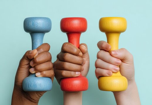Diverse hands hold colorful wooden dumbbells against a mint-green background