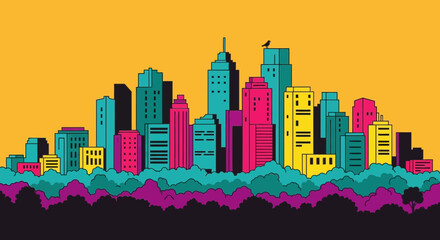 Fototapeta premium Vibrant city skyline illustration with colorful buildings and abstract foliage.