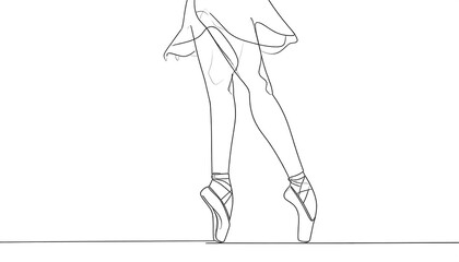 Ballerina line art with pointe shoes, poised en pointe. Minimalist aesthetic, elegant posture against a plain white backdrop