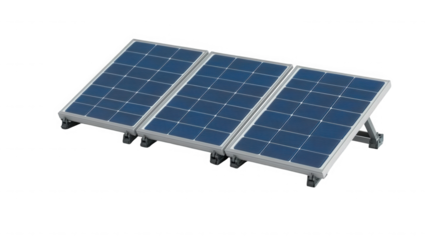 Three solar panels arranged in a row with blue cells and silver frames on a black background space view on transparent background