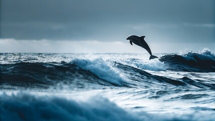 Obraz premium A dolphin leaps out of the ocean waves with a cloudy sky in the background during the daytime hours