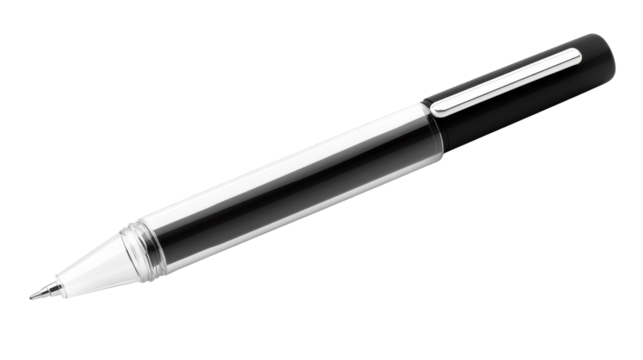 Capped black pen with metallic chrome tip
