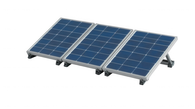 Three solar panels arranged in a row with blue cells and silver frames on a black background space view on transparent background
