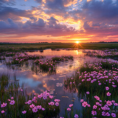 A peaceful dusk scene of expansive wetlands covered in vibrant blooming flowers, glowing clouds floating across the golden-pink sky, reflective water shimmering softly,