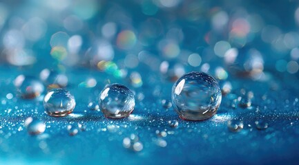 Close-up of clear water droplets on a blue surface, bokeh effect