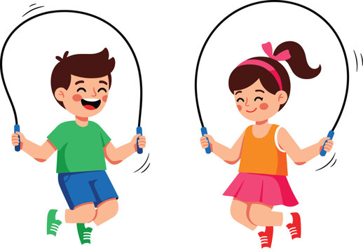 Children skipping rope, happy kids outdoor activity, boy and girl jumping together, healthy lifestyle, childhood fun, exercise, fitness, cad drawing flat vector illustration