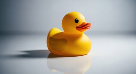Single bright yellow rubber ducky with orange beak on shiny, muted surface