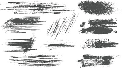 Collection of dark grey textured brush strokes and splatters on white background grunge paint