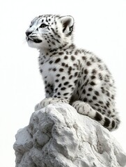 Snow leopard cub sits atop a bright, rocky outcrop, looking to the side