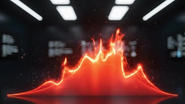 Orange gaussian curve in a dark room with screens and lights on the ceiling is displayed