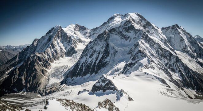 Snow-capped mountains rise under blue sky; glacier and rocky terrain below