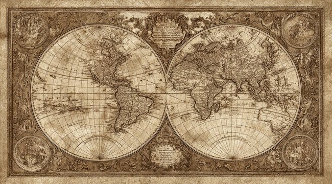 Double-hemisphere vintage world map