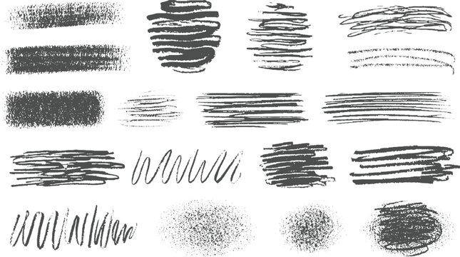 Collection of dark grey grunge brush stroke textures and scribbles on white background vector