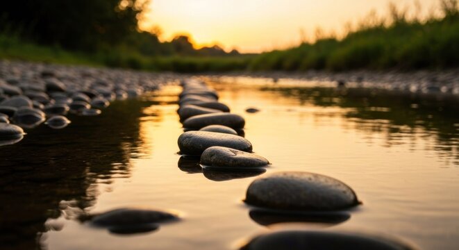 Stepping stones in water, leading to blurred sunset landscape