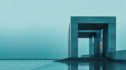 Abstract blue architectural structure with tranquil waterfront concept