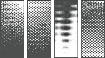 Four abstract grey and white halftone dot patterns with gradient density background texture