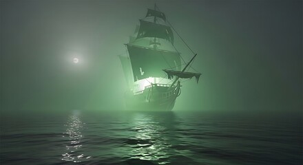 Ethereal Galleon Emerges from Mystical Green Fog on Calm, Reflective Sea.