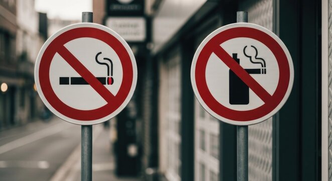 Two signs, no smoking and no vaping, on a city street