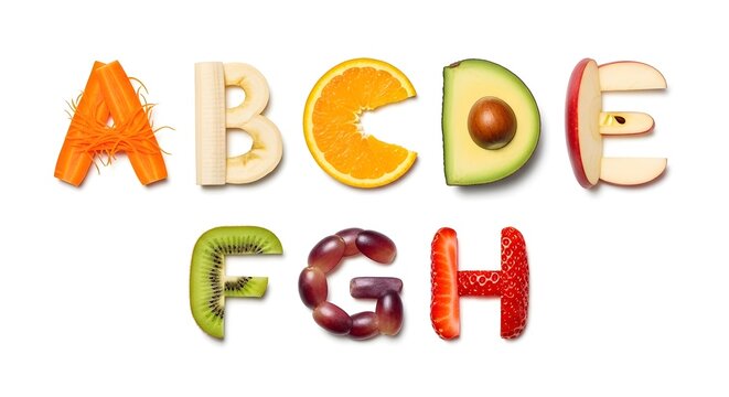 Alphabet letters a through h creatively formed from fresh colorful fruits and vegetables