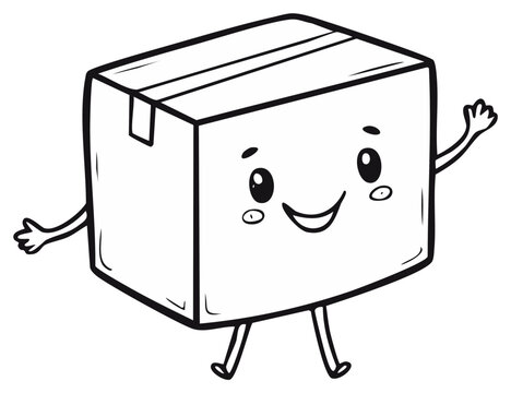 Happy cartoon cardboard box character with arms and legs waving and smiling