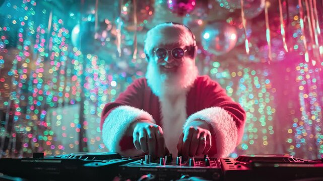 Santa DJ brings festive vibes at a colorful holiday party with bright lights and disco balls