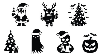 Halloween Christmas Mashup Silhouettes — Ideal for Holiday Party Invitations, Spooky Greeting Cards, Gothic Decorations, Digital Art Projects, Social Media Graphics, and Seasonal Marketing Materials