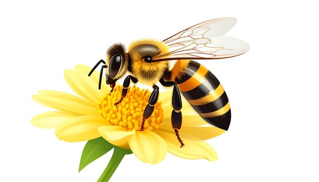 Bee on flower. A fuzzy, detailed bee sits on a sunny yellow flower. Light background