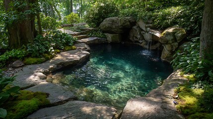 Tranquil natural swimming pool with crystal-clear water, enveloped by lush green trees and moss-covered rocks, featuring a gentle waterfall, perfect serene garden oasis