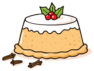 Festive cartoon illustration of Christmas pudding decorated with holly and cloves. Holiday dessert.