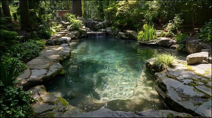 Serene backyard oasis featuring a natural stone swimming pond with crystal clear water nestled in a sun-dappled woodland garden