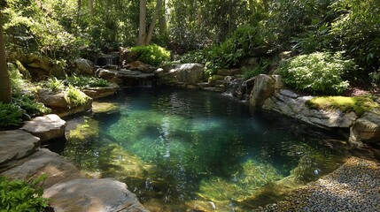 A tranquil natural pool surrounded by lush forest, reflecting green trees and sky. Crystal-clear water creates a serene, idyllic escape in nature
