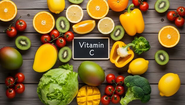 Assortment of fresh fruits and vegetables rich in vitamin c on rustic wooden background