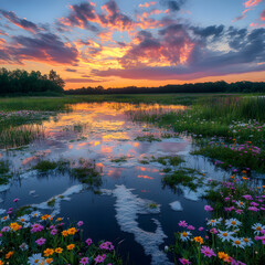 A high-definition dusk scene of colorful wetlands bursting with wildflowers, floating pastel clouds glowing in pink-orange hues, reflective water mirroring the vibrant sky,
