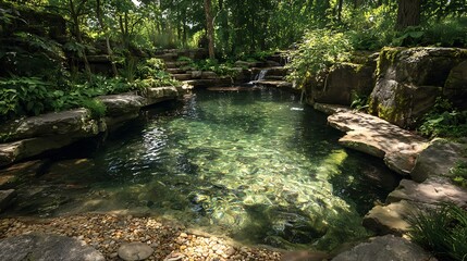 A serene and inviting natural pool nestled amidst a lush, verdant garden, showcasing crystal-clear water, smooth rocks, and vibrant foliage for a tranquil outdoor escape