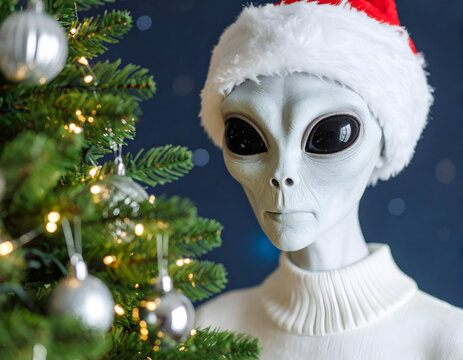 Curious alien in a Santa hat stands beside a sparkling Christmas tree, bringing an extraterrestrial perspective to holiday traditions and festive wonder