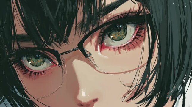 Close-up of anime character with glasses and striking green eyes