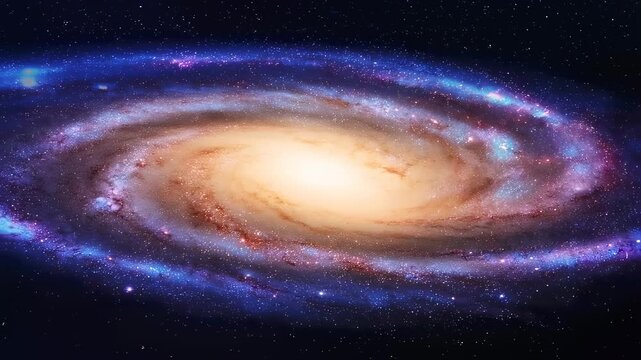 A luminous, spiral galaxy spins against a star-filled backdrop of the cosmos