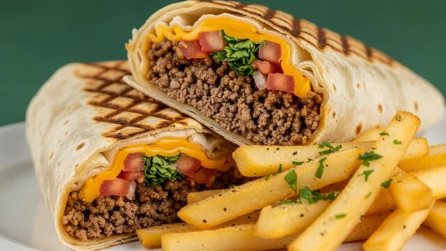A hearty wrap filled with seasoned ground beef, cheese, and fresh vegetables