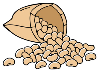 Spilled beans from a bag, cartoon style illustration, vector art