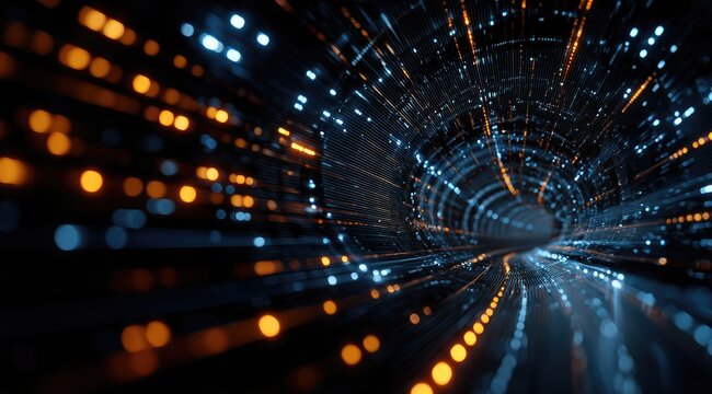 Abstract tunnel, glowing particles, rapid movement