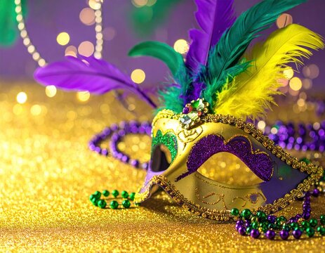 Mardi Gras Mask and Beads on Golden Surface.