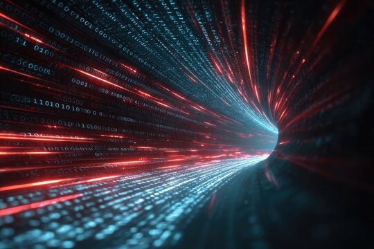Digital tunnel of binary code, vibrant colors