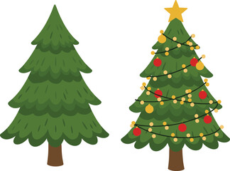 Christmas tree illustration, decorated holiday tree, festive evergreen design, plain pine silhouette, seasonal celebration art, winter decoration, traditional holiday symbol