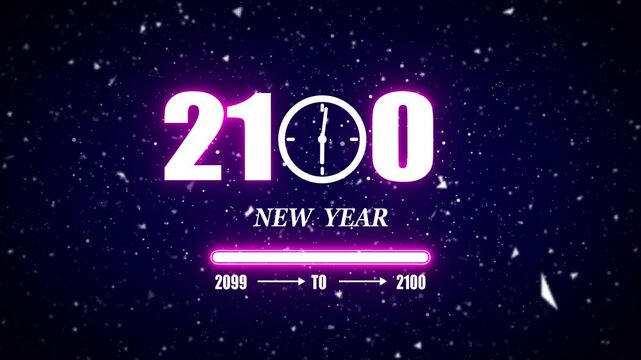 New year 2100 festive greeting text animated with particle background.Loading complete from 2099 to 2100.Timer count new year concept