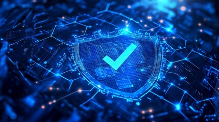 Deep blue, abstract network, glowing lines, spherical shield, transparent, hexagonal structure, check mark, bright, central, medical data, health records, insurance policy, document, protection,