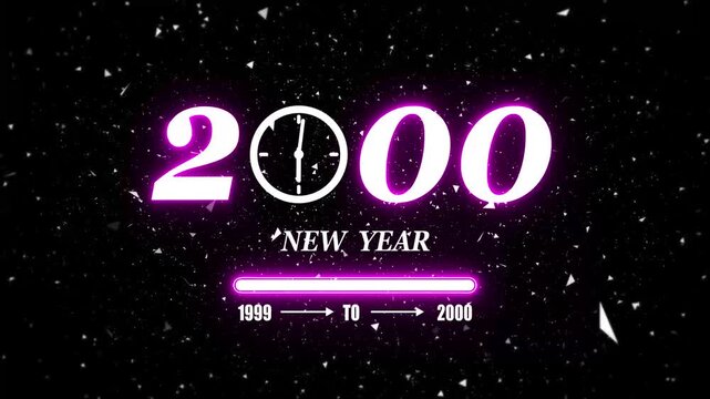 New year 2000 festive greeting text animated with particle background.Loading complete from 1999 to 2000.Timer count new year concept
