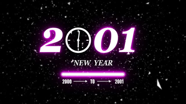 New year 2001 festive greeting text animated with particle background.Loading complete from 2000 to 2001.Timer count new year concept