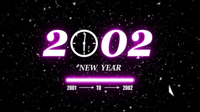 New year 2002 festive greeting text animated with particle background.Loading complete from 2001 to 2002.Timer count new year concept