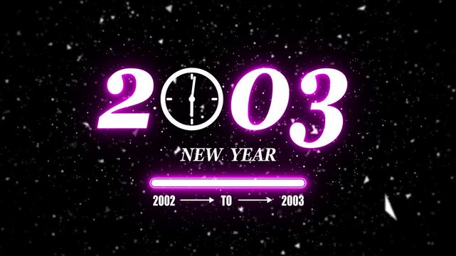New year 2003 festive greeting text animated with particle background.Loading complete from 2002 to 2003.Timer count new year concept